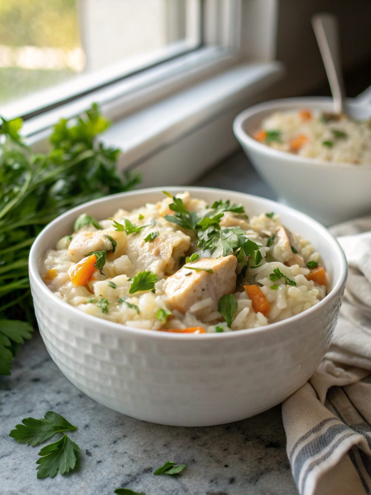 Creamy chicken and rice served in a white ceramic bowl