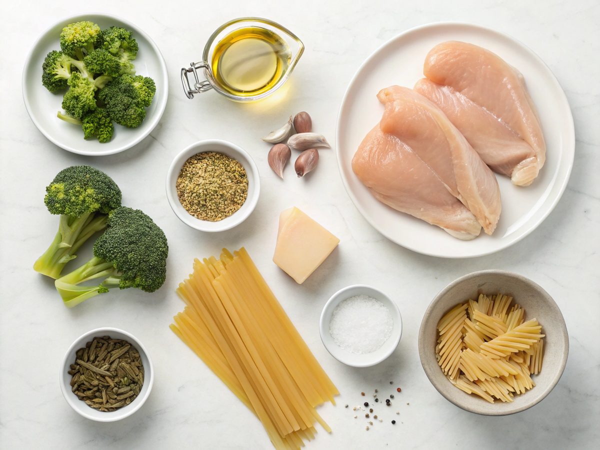 Ingredients for creamy chicken broccoli pasta laid out on a kitchen counter