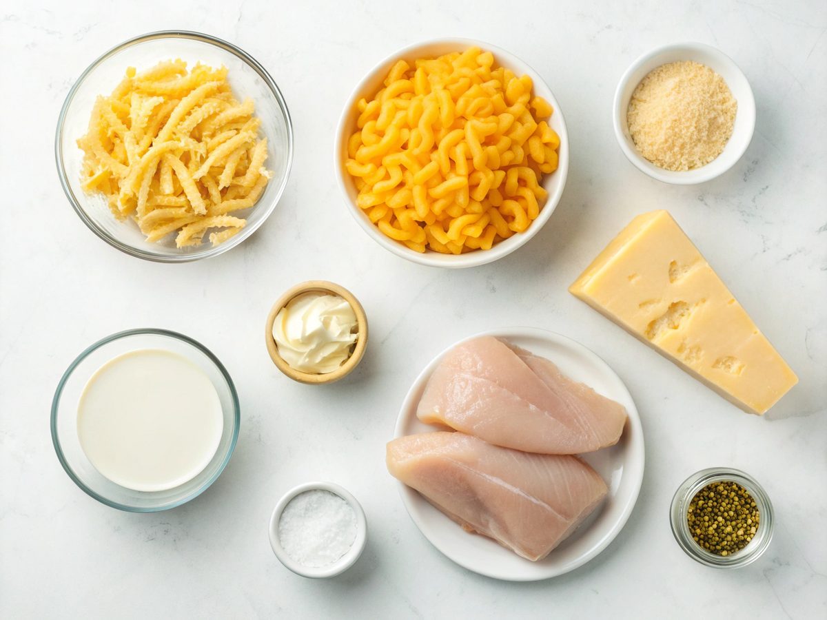 Flat lay of creamy chicken mac and cheese ingredients ready for cooking