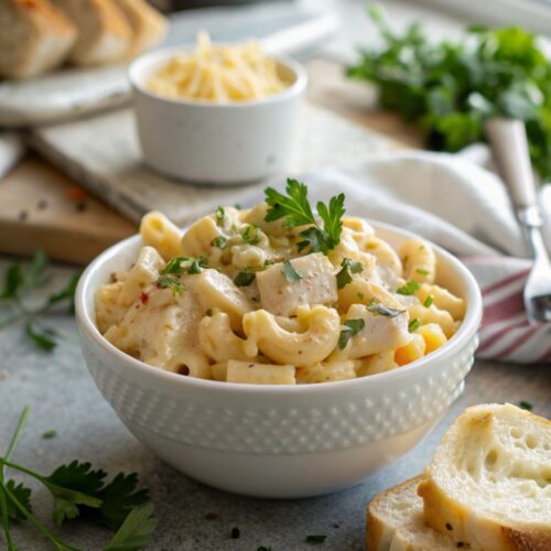 A delicious bowl of creamy chicken mac and cheese
