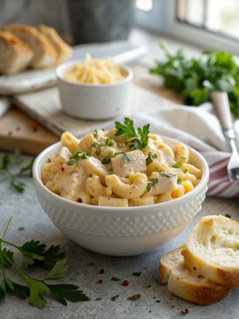 A delicious bowl of creamy chicken mac and cheese