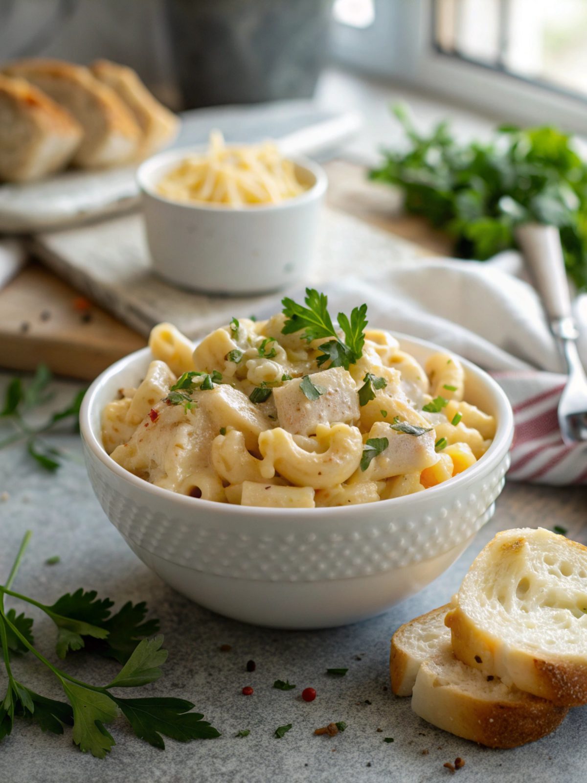 A delicious bowl of creamy chicken mac and cheese