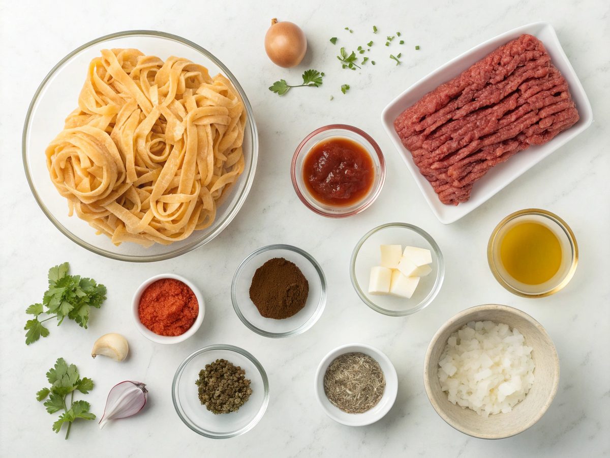 Overhead view of creamy enchilada pasta ingredients on a kitchen counter.
