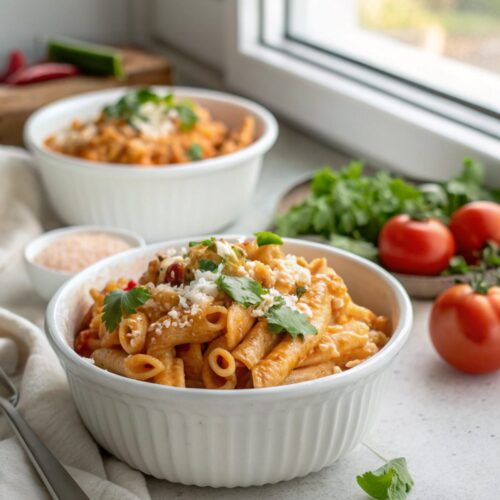 A serving of creamy enchilada pasta garnished with fresh cilantro.