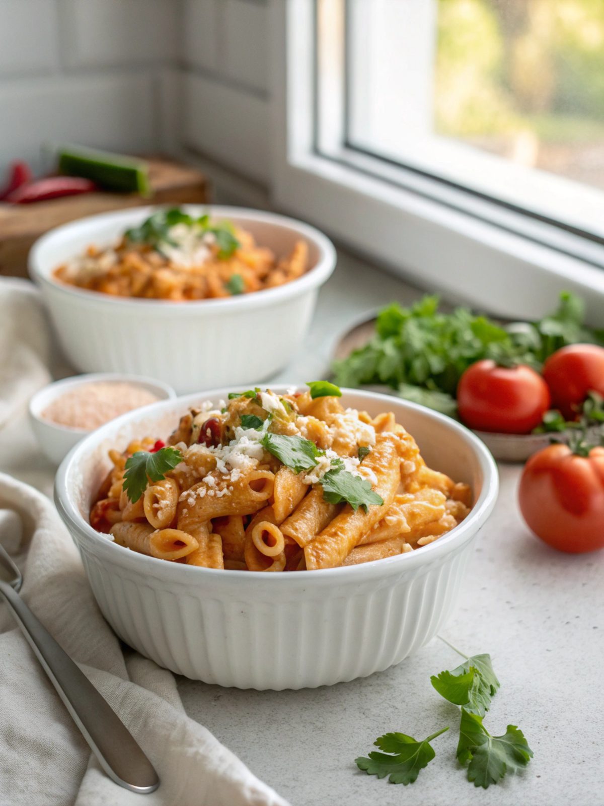 A serving of creamy enchilada pasta garnished with fresh cilantro.