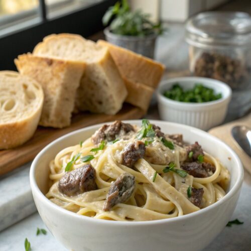 Creamy garlic beef pasta served in a white bowl