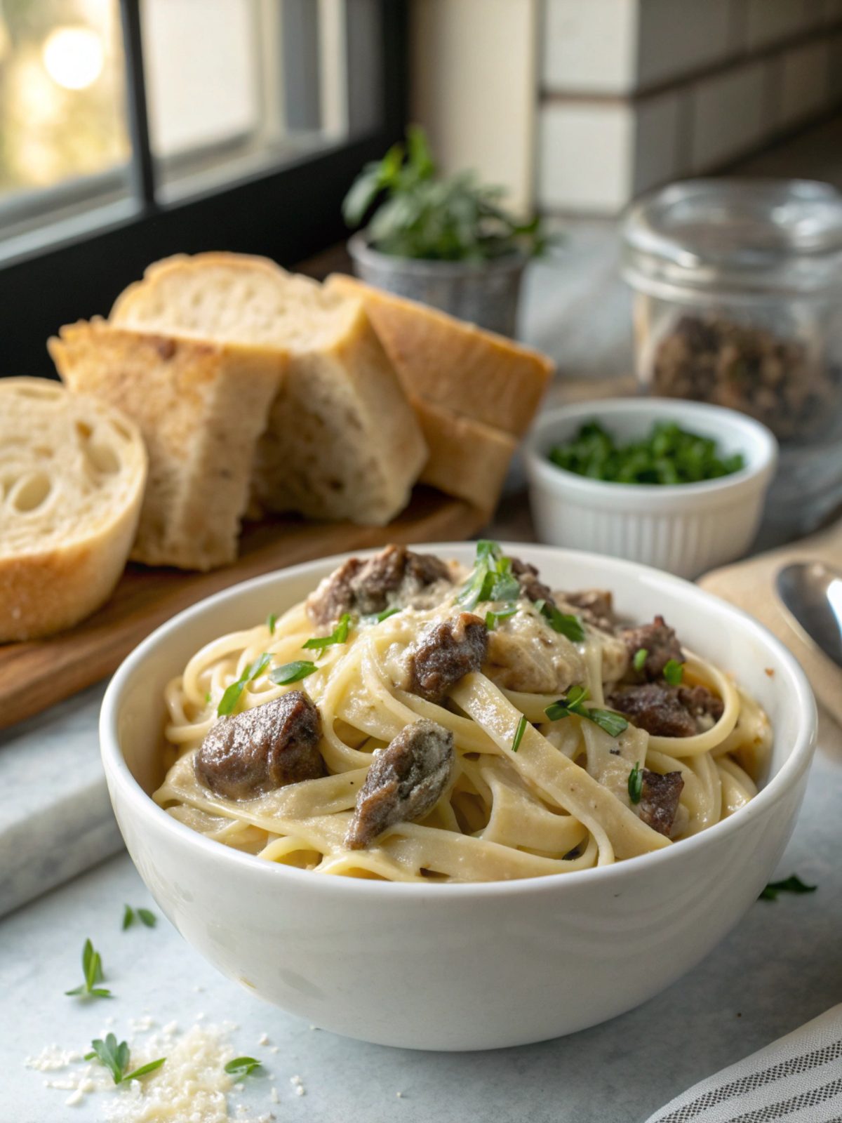 Creamy garlic beef pasta served in a white bowl