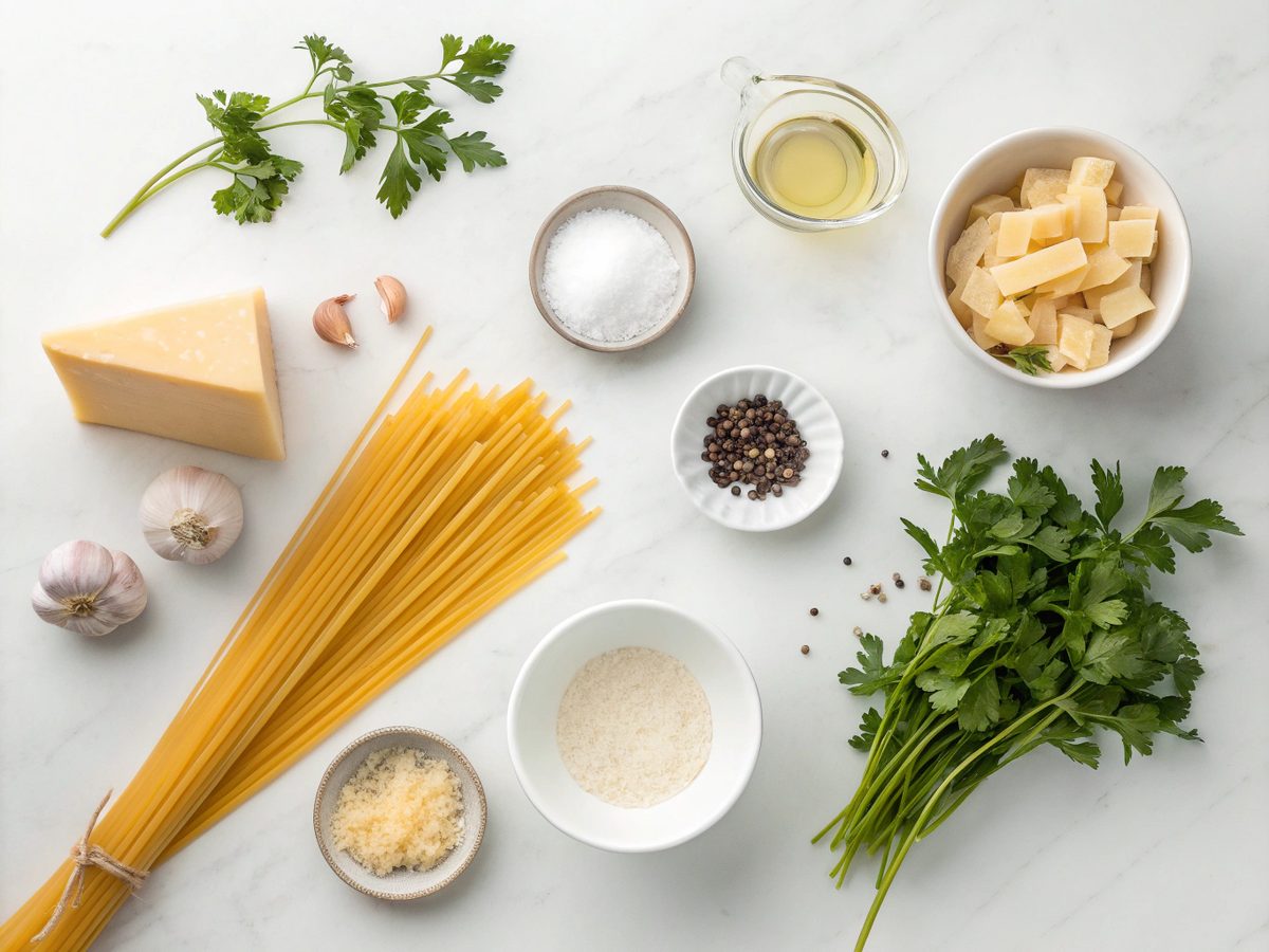 Top view of the ingredients for Creamy Garlic Butter Pasta, including pasta, garlic, and butter.