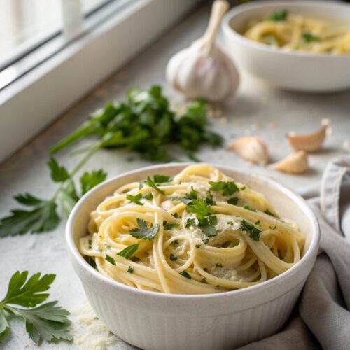 A delicious bowl of Creamy Garlic Butter Pasta garnished with parsley.