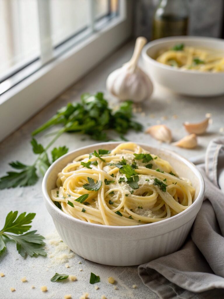 A delicious bowl of Creamy Garlic Butter Pasta garnished with parsley.