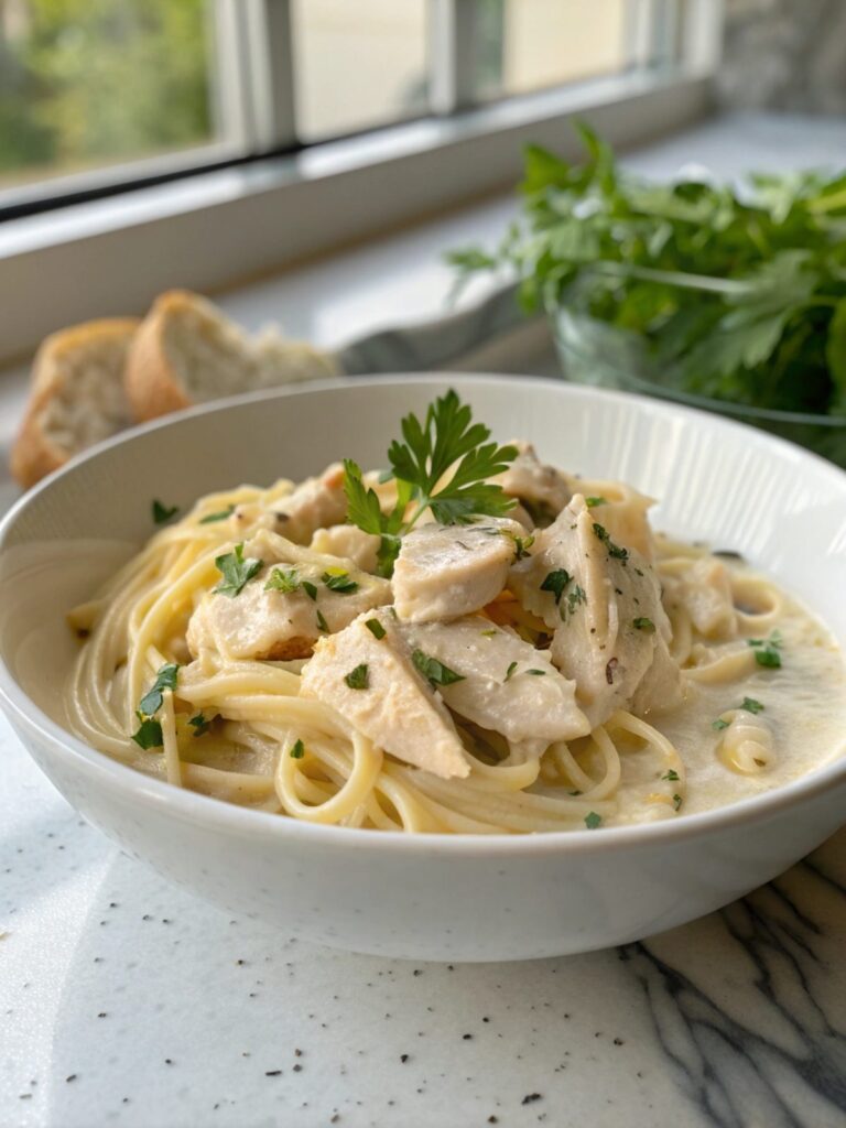 A delicious bowl of creamy garlic chicken Alfredo