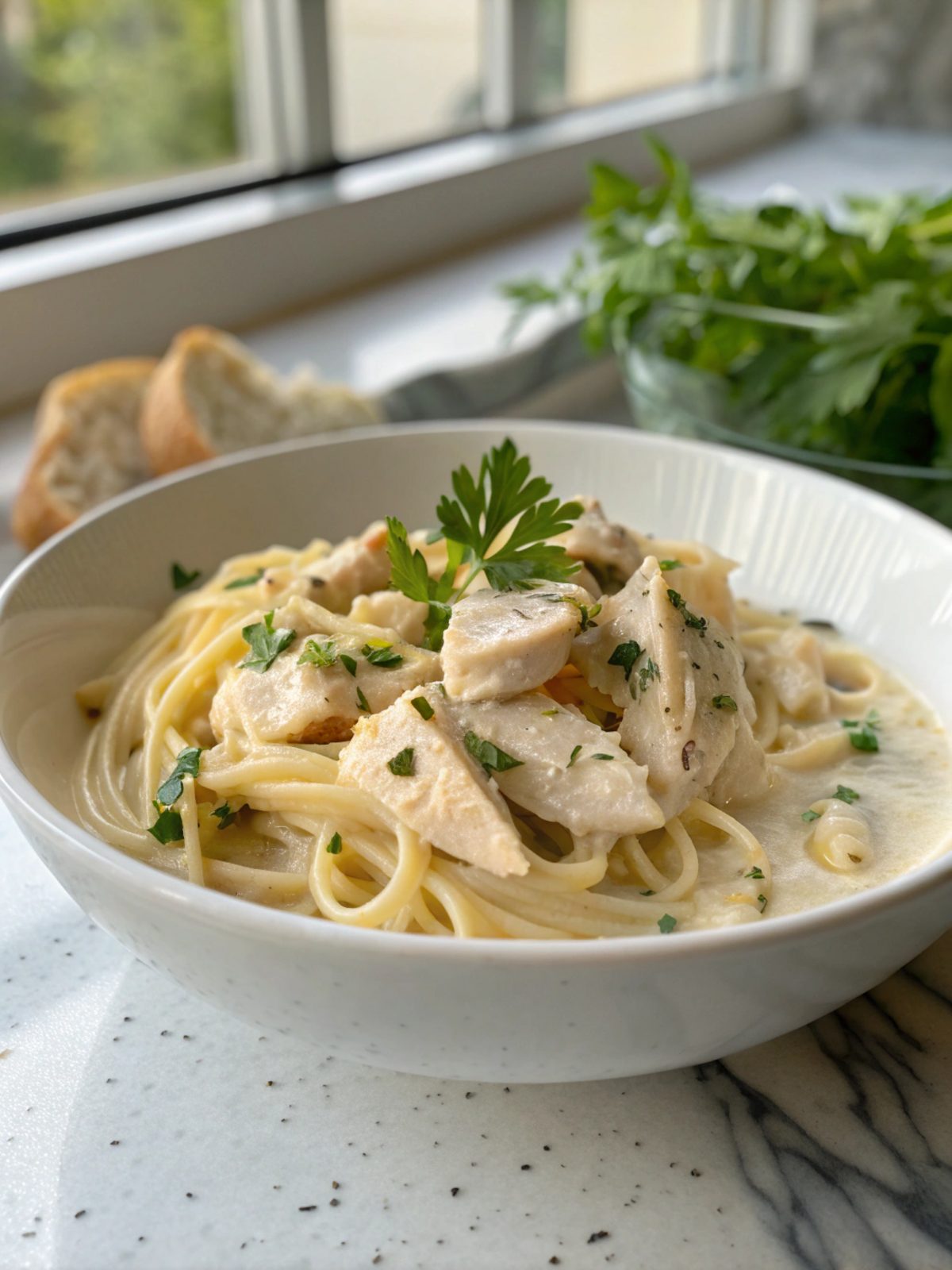 A delicious bowl of creamy garlic chicken Alfredo