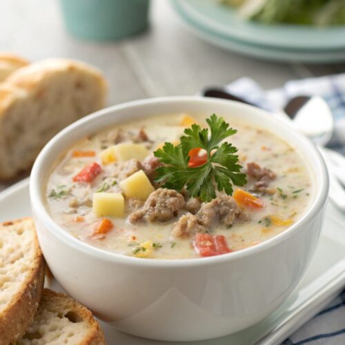 A steaming bowl of creamy ground beef chowder ready to be served.