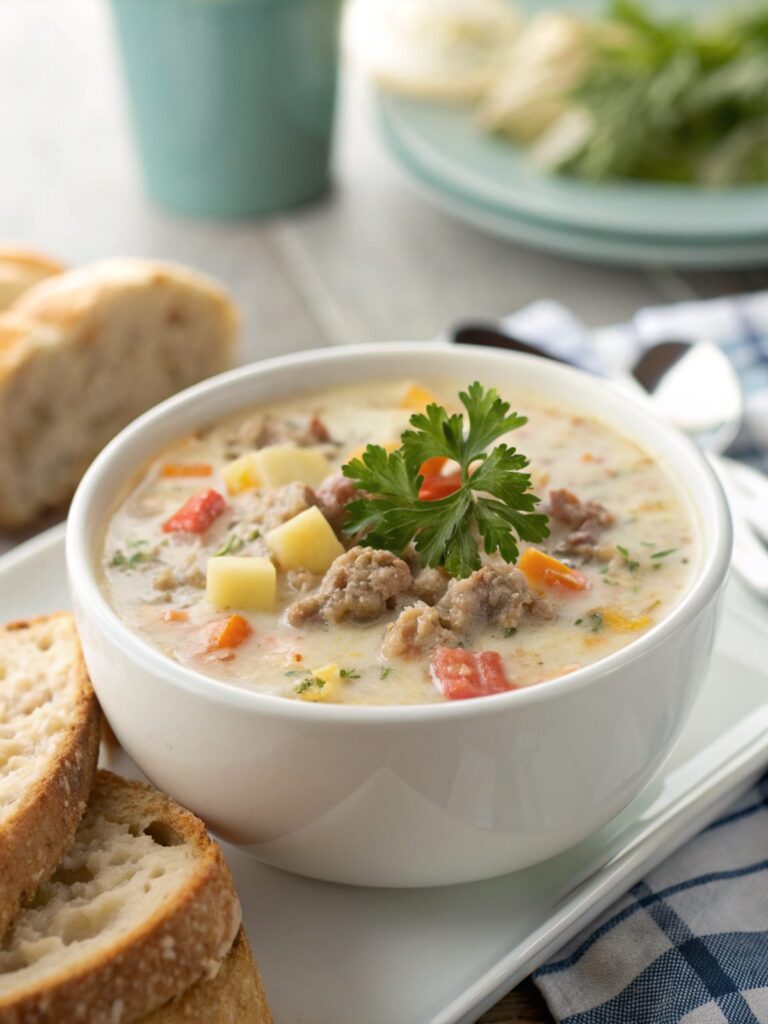 A steaming bowl of creamy ground beef chowder ready to be served.
