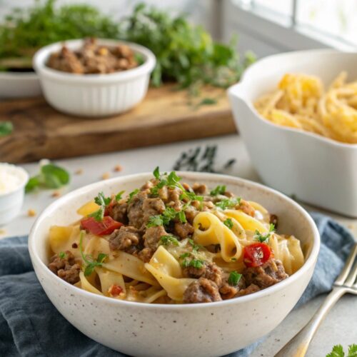 Feature image showing creamy ground beef pasta in a bowl