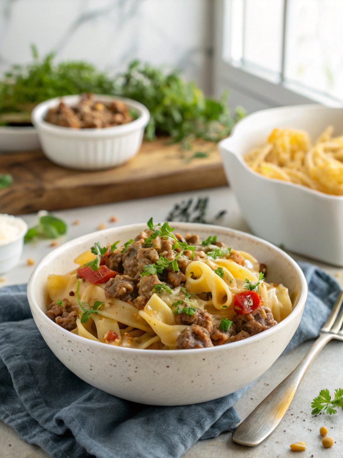 Feature image showing creamy ground beef pasta in a bowl