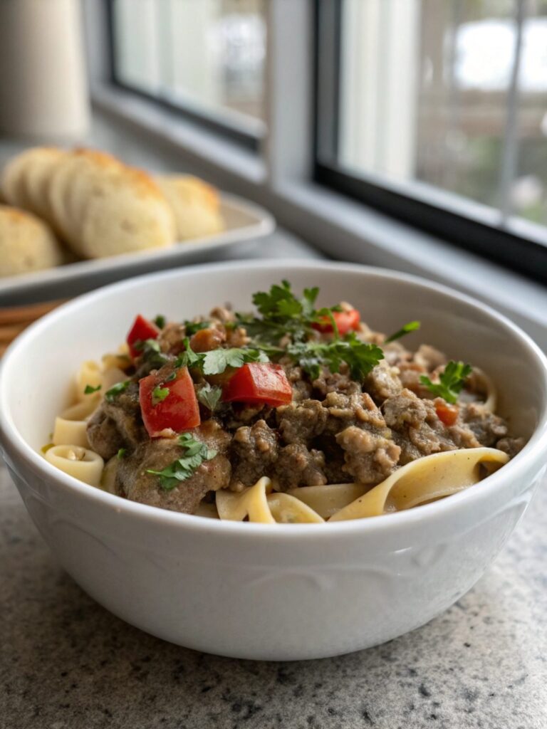 Savory Ground Beef Stroganoff served in a bowl with garnish