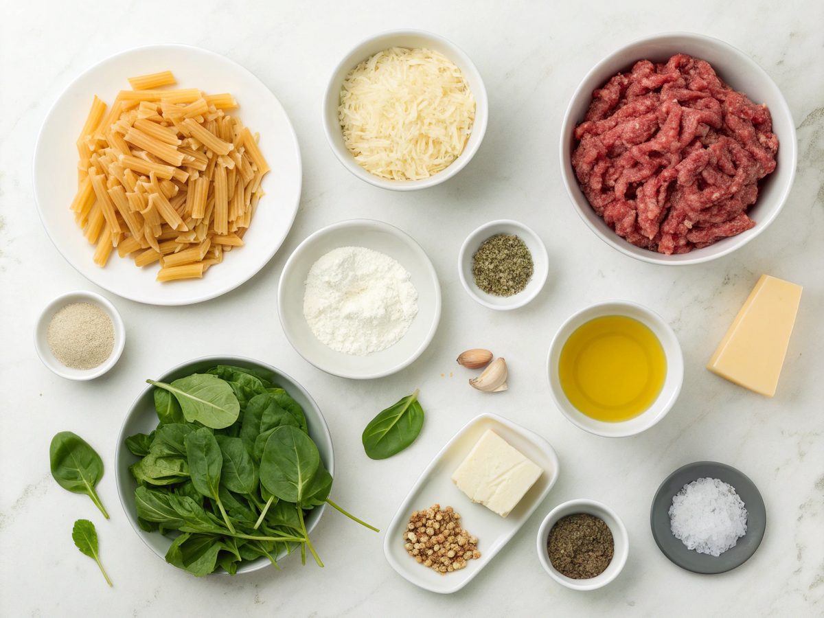 Ingredients for making creamy high protein beef pasta