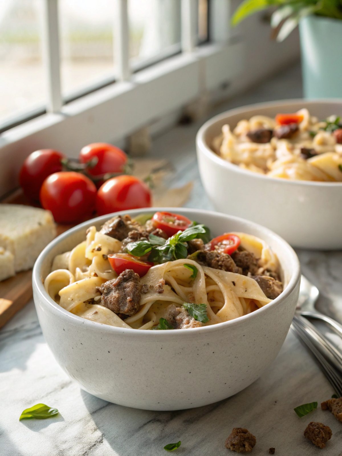 Hearty serving of creamy high protein beef pasta on a white plate