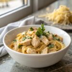 Creamy Homemade Chicken Alfredo served on a plate with garnish