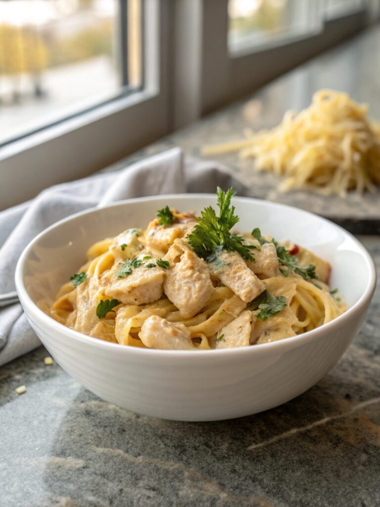 Creamy Homemade Chicken Alfredo served on a plate with garnish