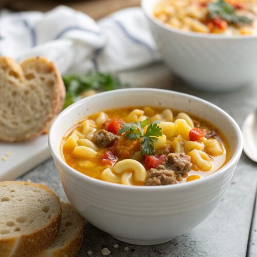 SEO-friendly featured image of macaroni cheeseburger soup.