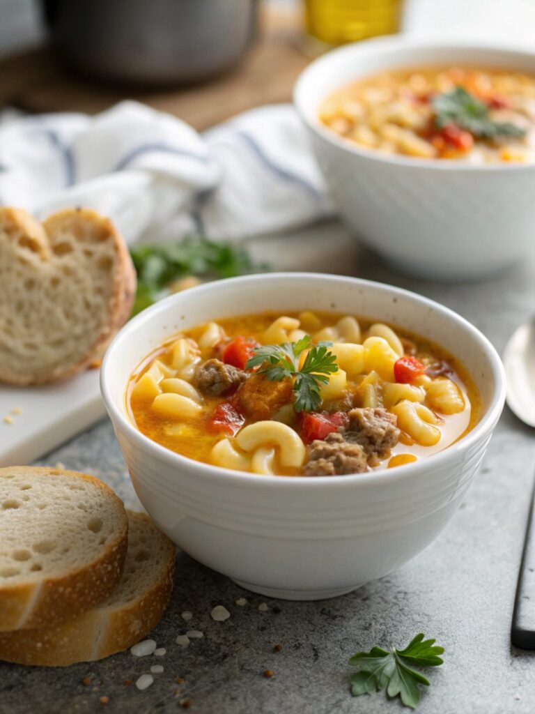 SEO-friendly featured image of macaroni cheeseburger soup.