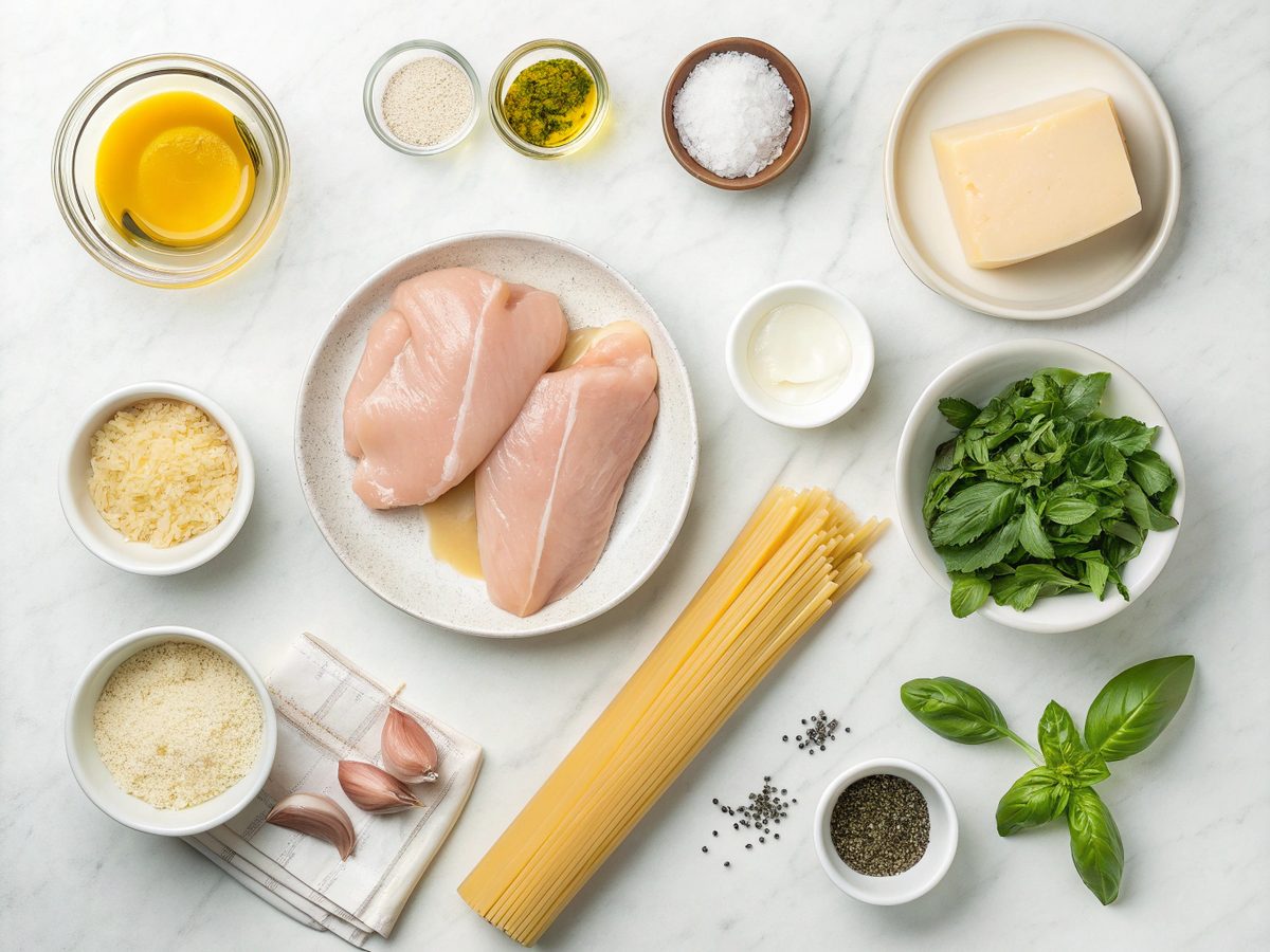 Flat lay of creamy marry me chicken pasta ingredients