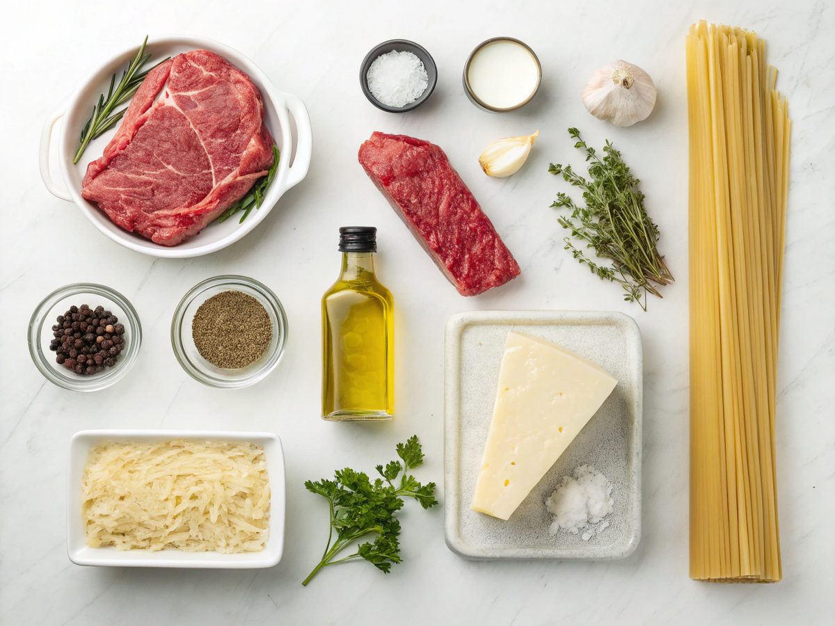 Ingredients for creamy parmesan garlic beef pasta displayed on a kitchen counter.