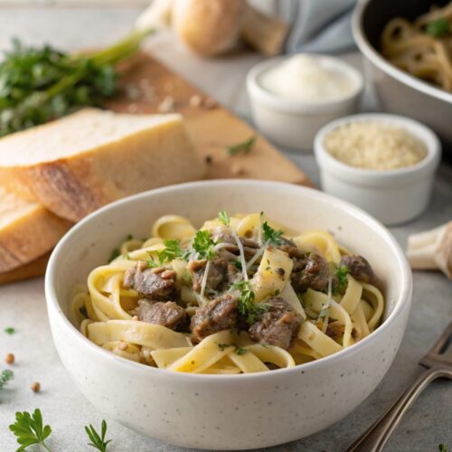 Featured image of creamy parmesan garlic beef pasta served in a white bowl.