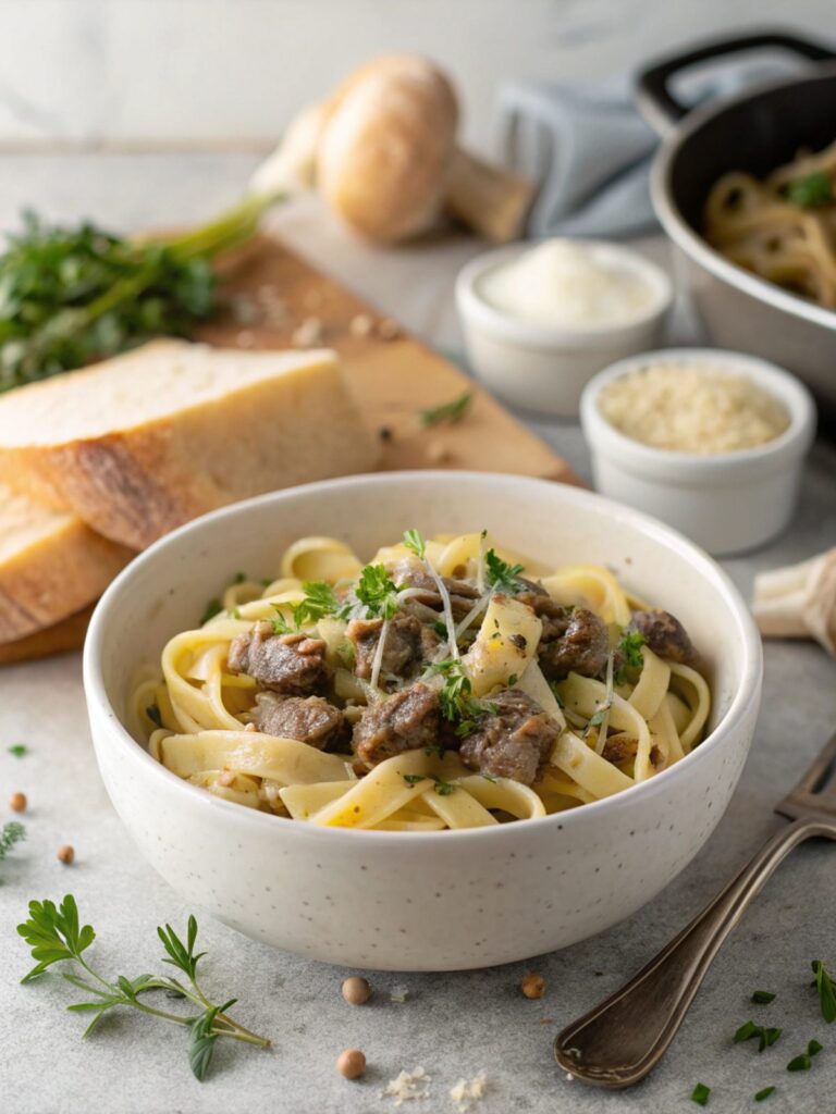 Featured image of creamy parmesan garlic beef pasta served in a white bowl.