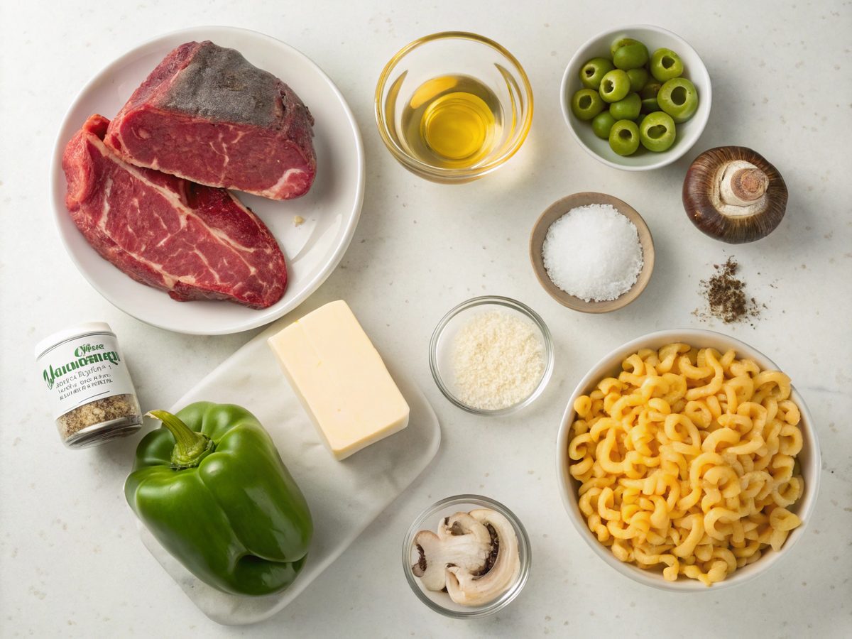 Ingredients for making Creamy Philly Cheesesteak Mac and Cheese