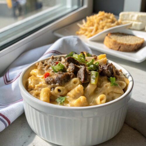 SEO-friendly alt text describing the featured image of Creamy Philly Cheesesteak Mac and Cheese