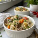 A warm bowl of creamy ranch beef tortellini stroganoff ready to enjoy