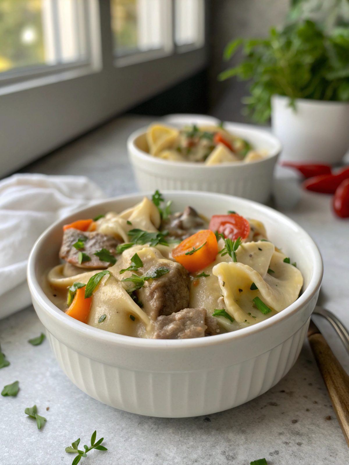 A warm bowl of creamy ranch beef tortellini stroganoff ready to enjoy