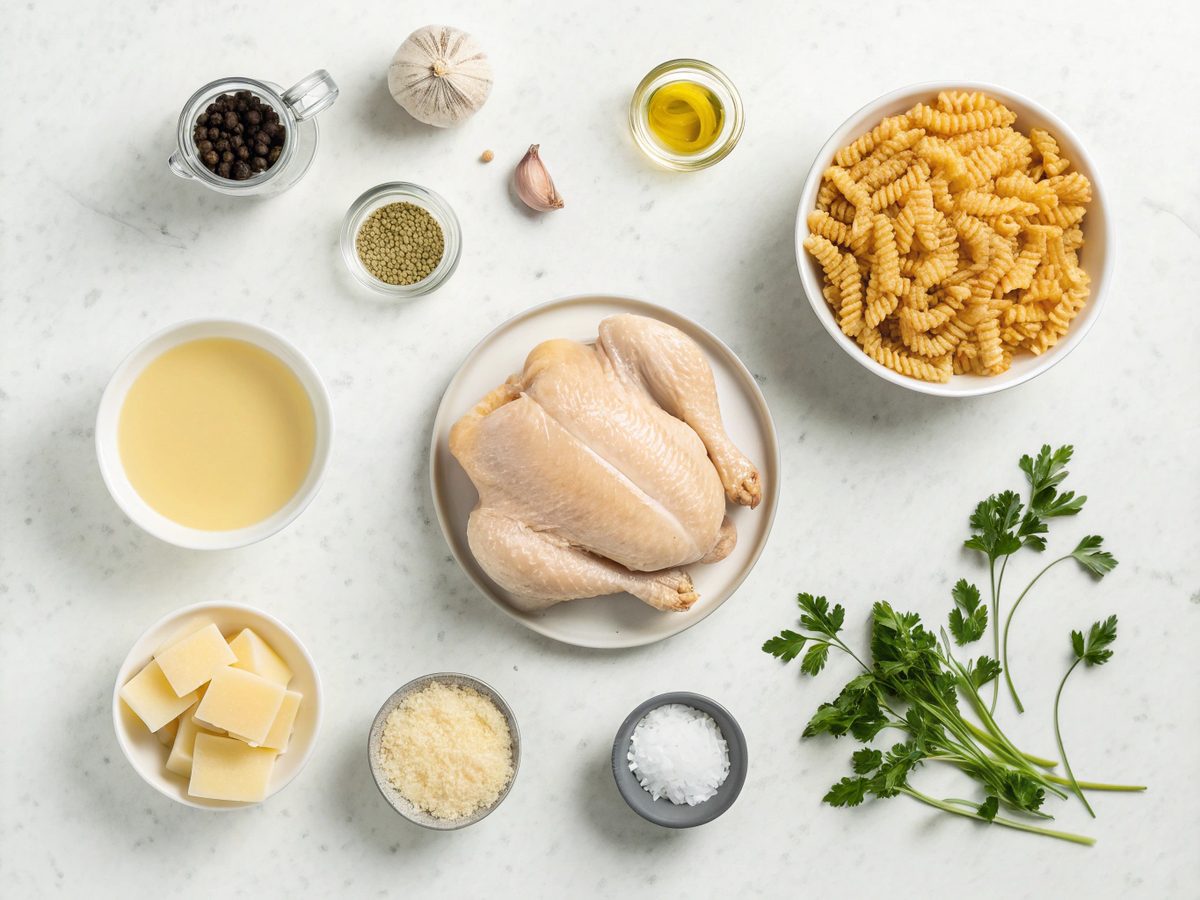 Ingredients for Creamy Rotisserie Chicken Pasta laid out on a kitchen counter.