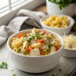 Appetizing creamy rotisserie chicken pasta served in a bowl.