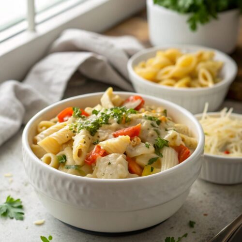 Appetizing creamy rotisserie chicken pasta served in a bowl.