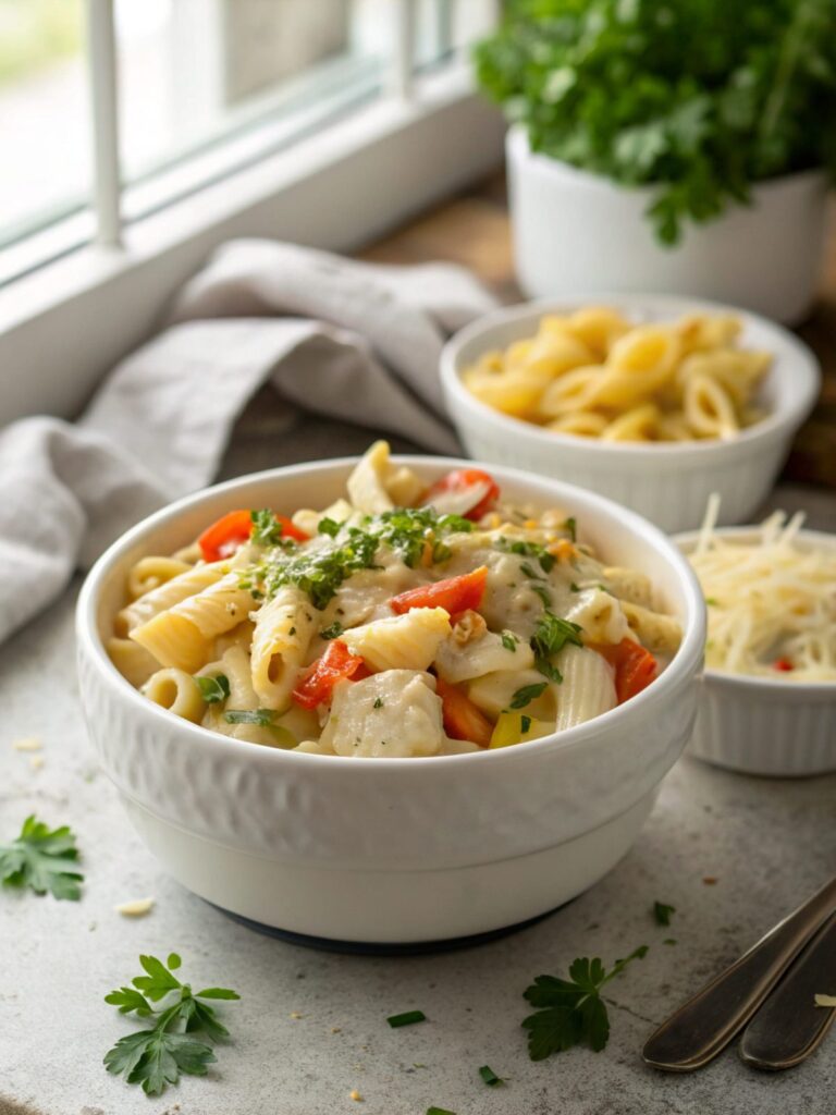 Appetizing creamy rotisserie chicken pasta served in a bowl.