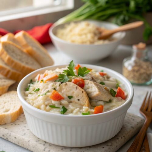 Creamy smothered chicken rice in final serving presentation