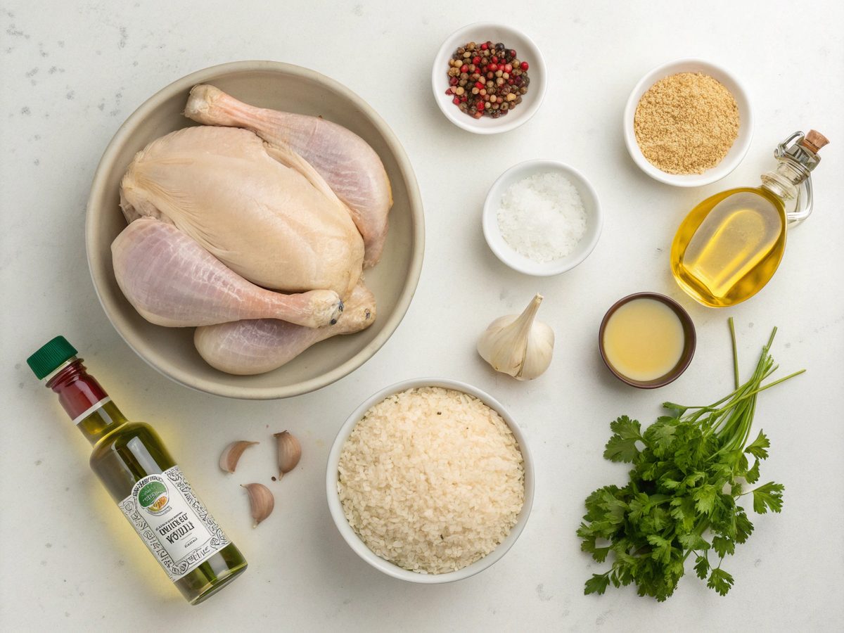 Flat lay of ingredients for creamy smothered chicken rice