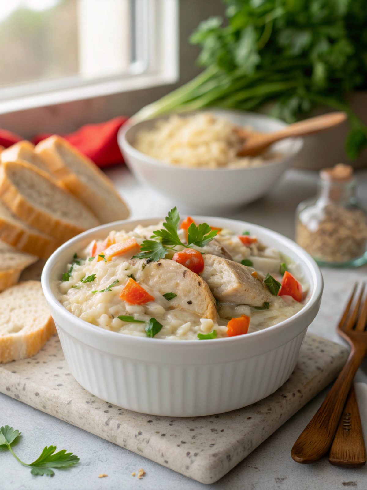 Creamy smothered chicken rice in final serving presentation