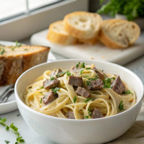 SEO-friendly alt text describing the featured image, including creamy steak pasta