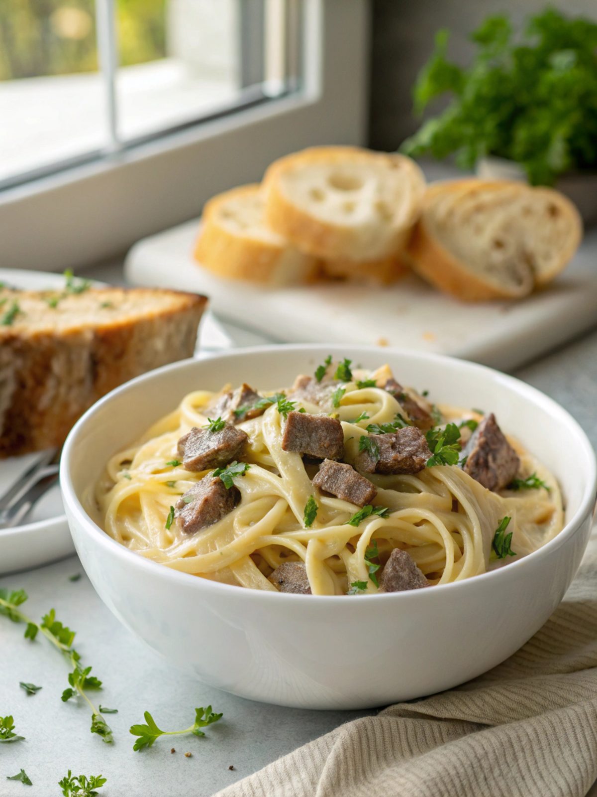 SEO-friendly alt text describing the featured image, including creamy steak pasta