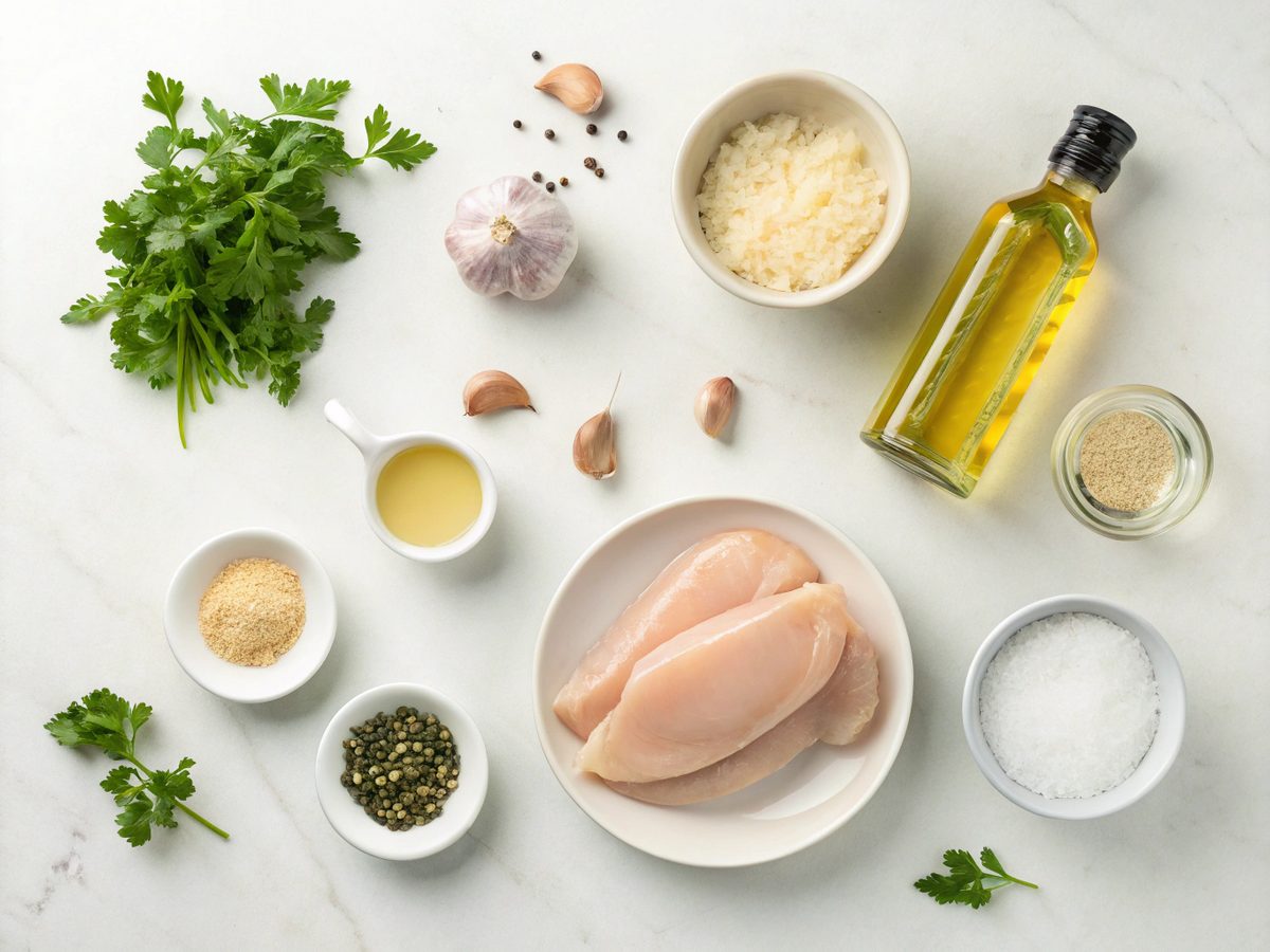 All ingredients needed for a creamy stove top chicken Alfredo laid out
