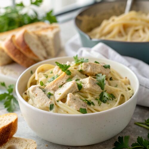 A tempting plate of creamy stove top chicken Alfredo garnished with parsley