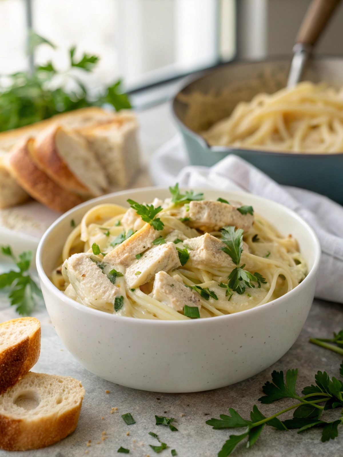 A tempting plate of creamy stove top chicken Alfredo garnished with parsley