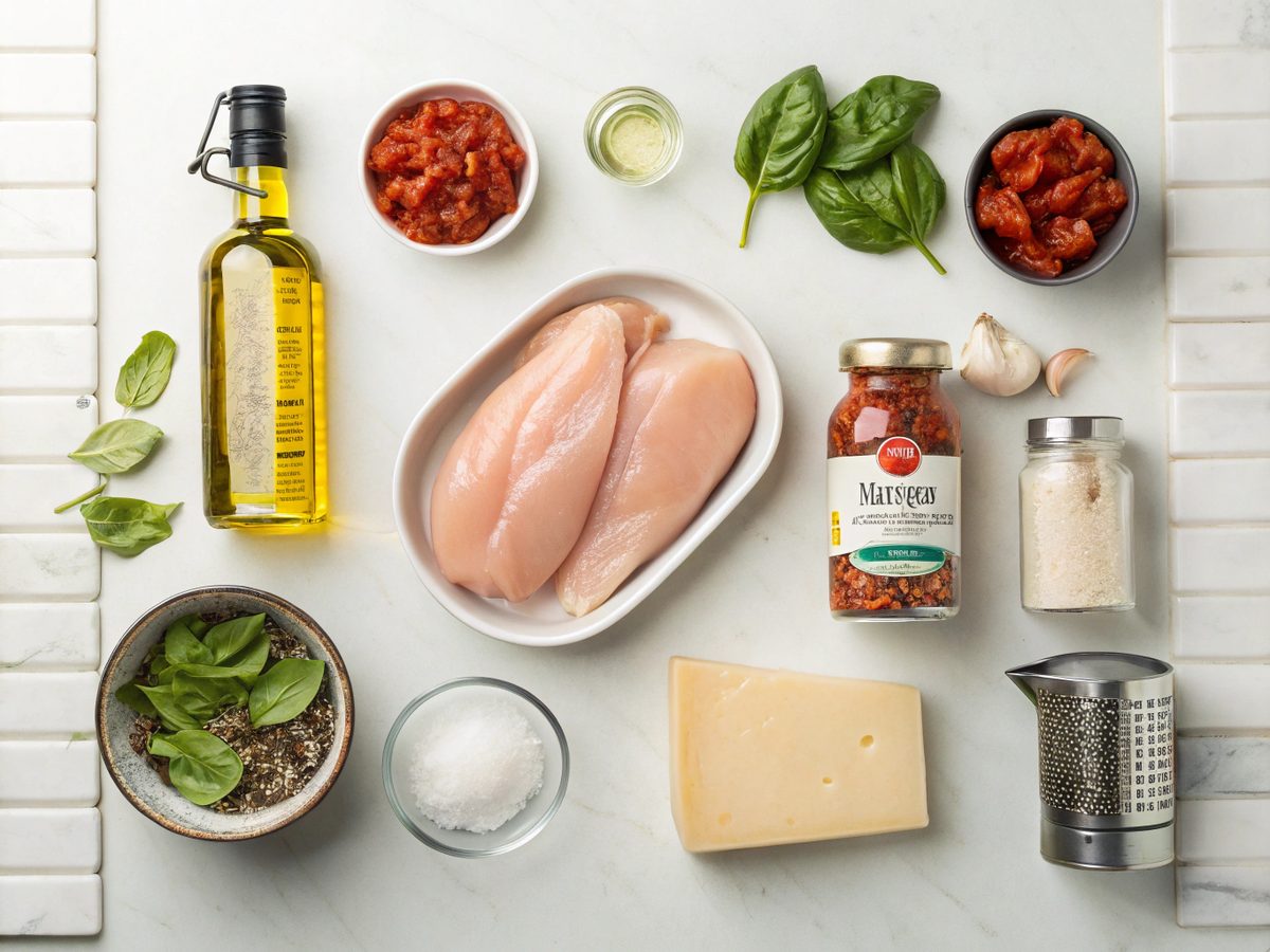 Ingredients for Creamy Sundried Tomato Chicken recipe on a kitchen counter