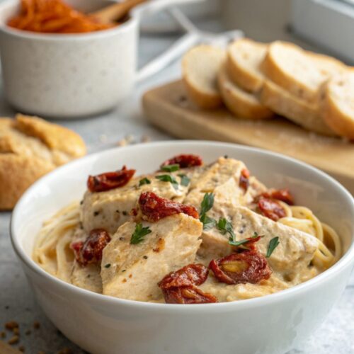 SEO-friendly featured image of creamy sundried tomato chicken served on a white plate.