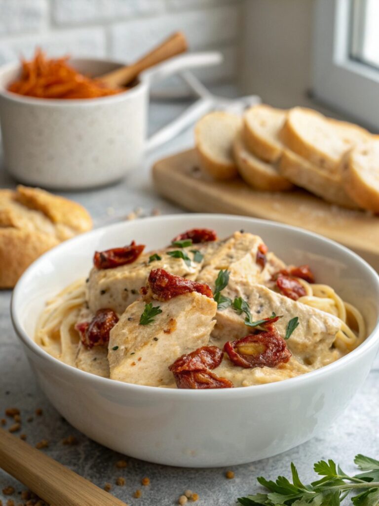 SEO-friendly featured image of creamy sundried tomato chicken served on a white plate.